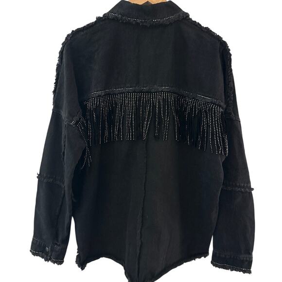 Zara Rhinestone Fringe Studded Jean Jacket  Black Size Medium - Picture 6 of 13
